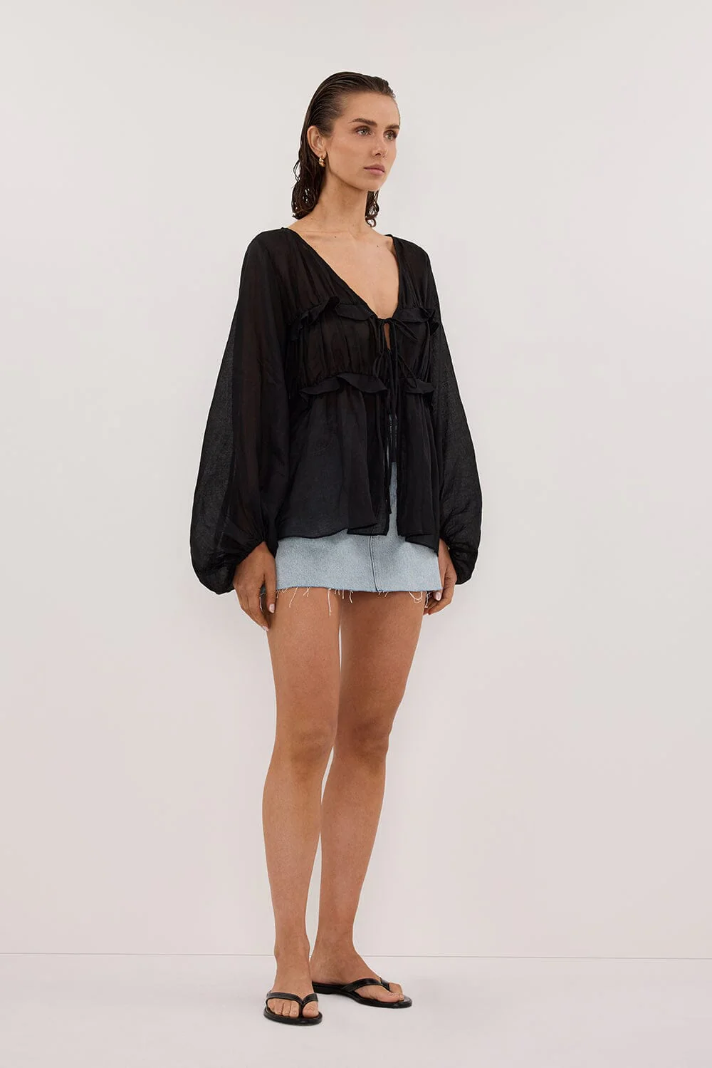 MILA BLACK RAMIE LONG SLEEVE FRILL TOP - Image 3