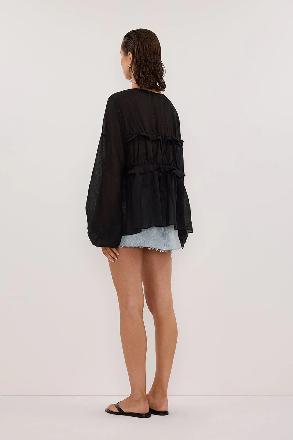 MILA BLACK RAMIE LONG SLEEVE FRILL TOP - Image 4
