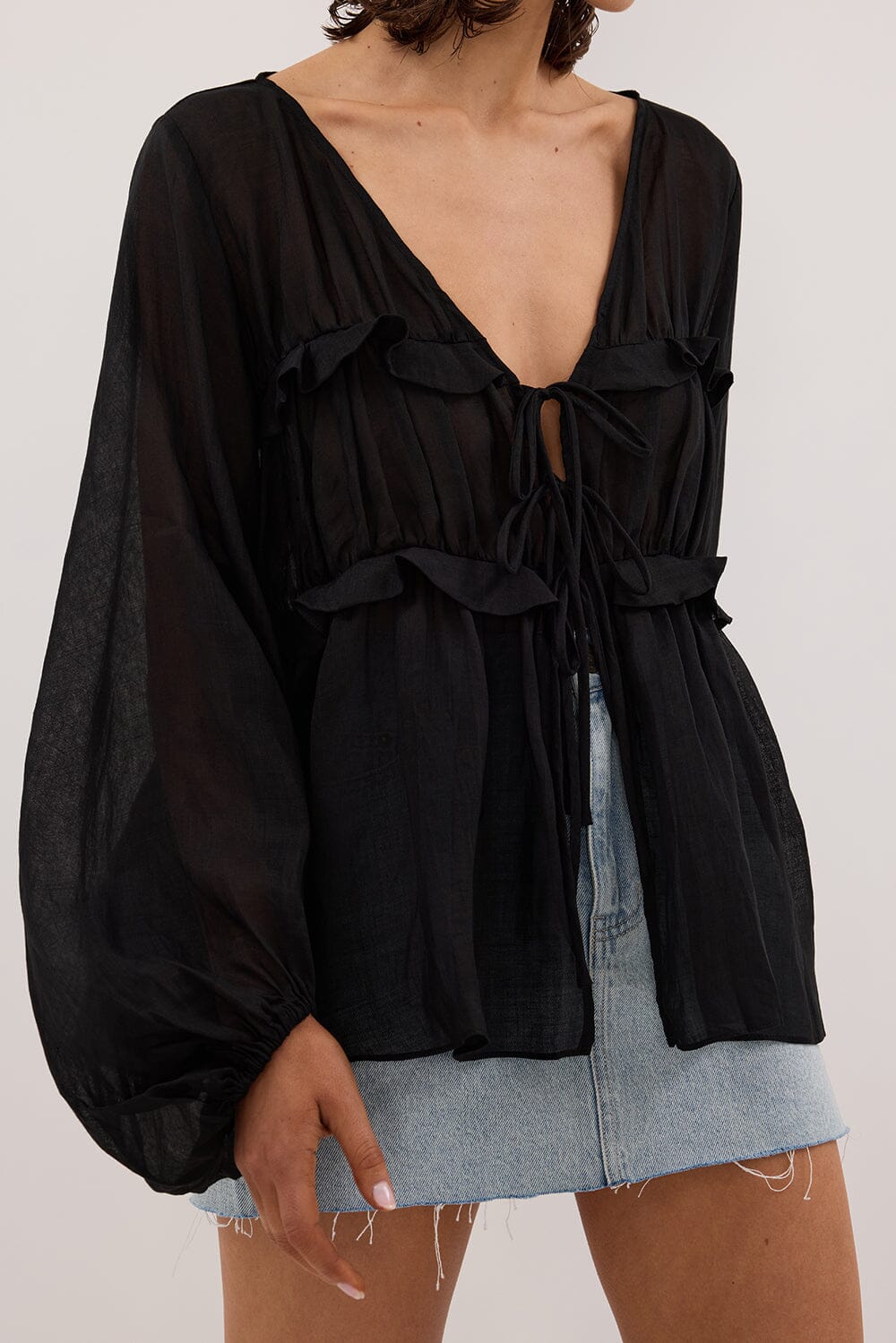 MILA BLACK RAMIE LONG SLEEVE FRILL TOP - Image 5