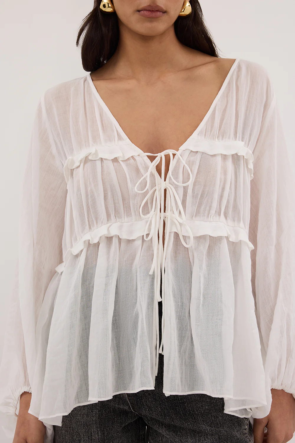 MILA WHITE RAMIE LONG SLEEVE FRILL TOP - Image 5