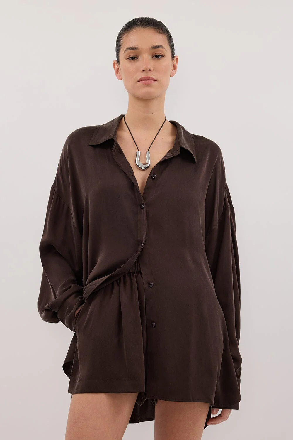 PERCY CHOC SILK LONG SLEEVE SHIRT - Image 2