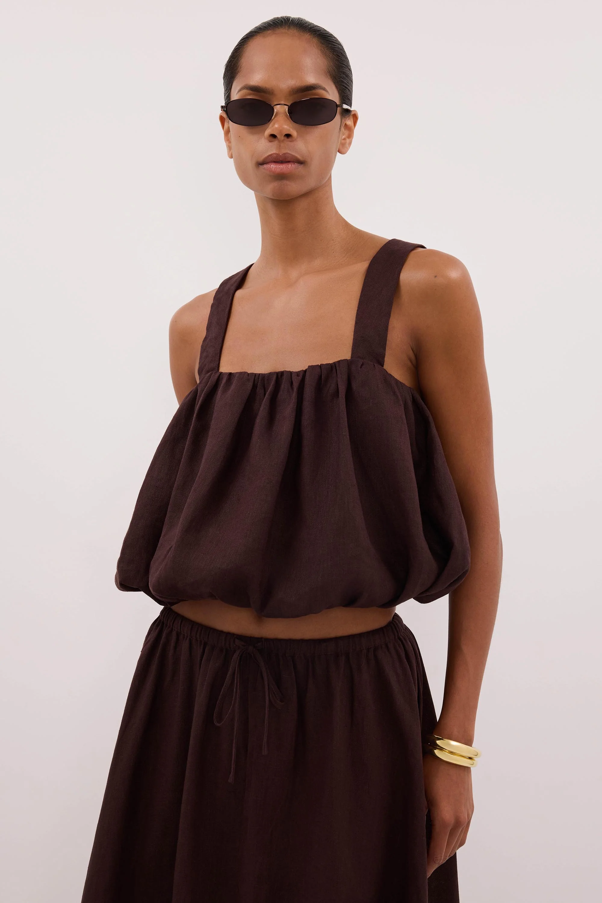 RAVELLO BURNT CHOC LINEN BUBBLE TOP - Image 5