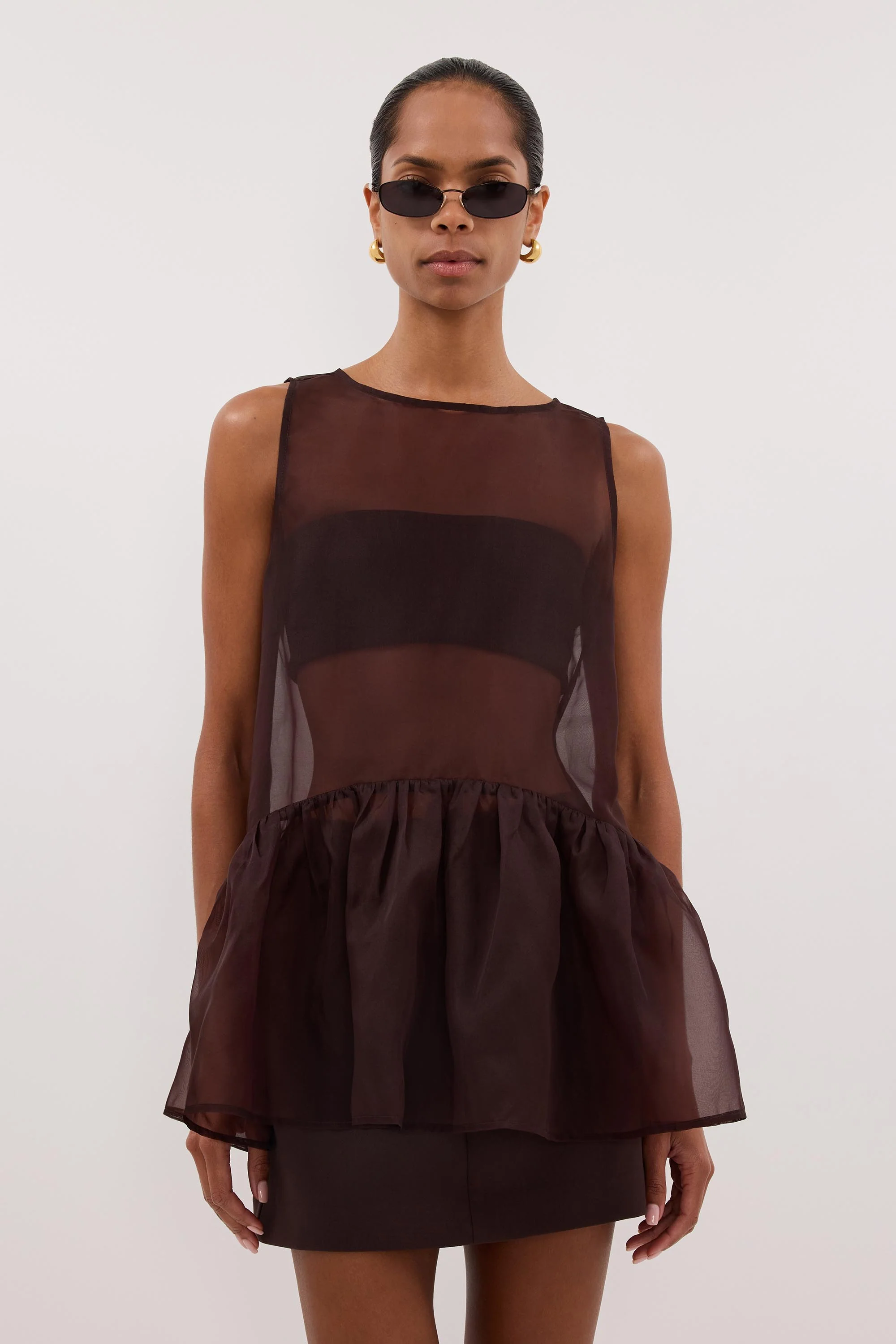 SIAN DARK CHOC SILK ORGANZA DROP WAIST TOP - Image 2