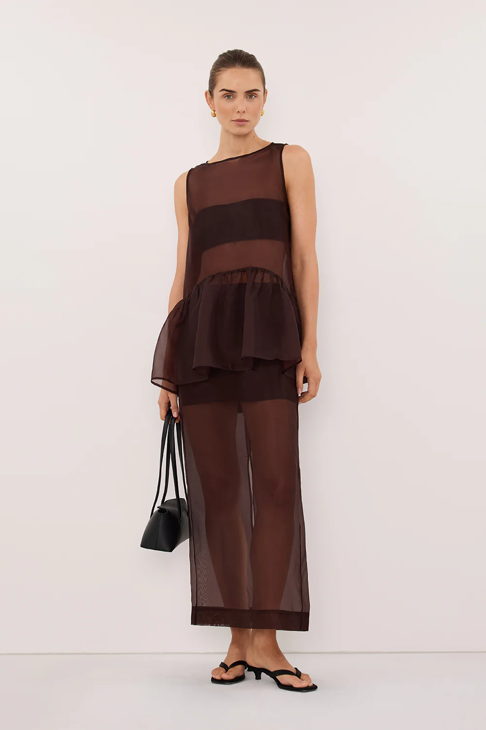 SIAN DARK CHOC SILK ORGANZA DROP WAIST TOP - Image 7