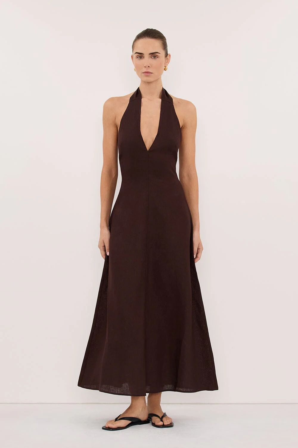 SKY BURNT CHOC LINEN MIDI DRESS - Image 3