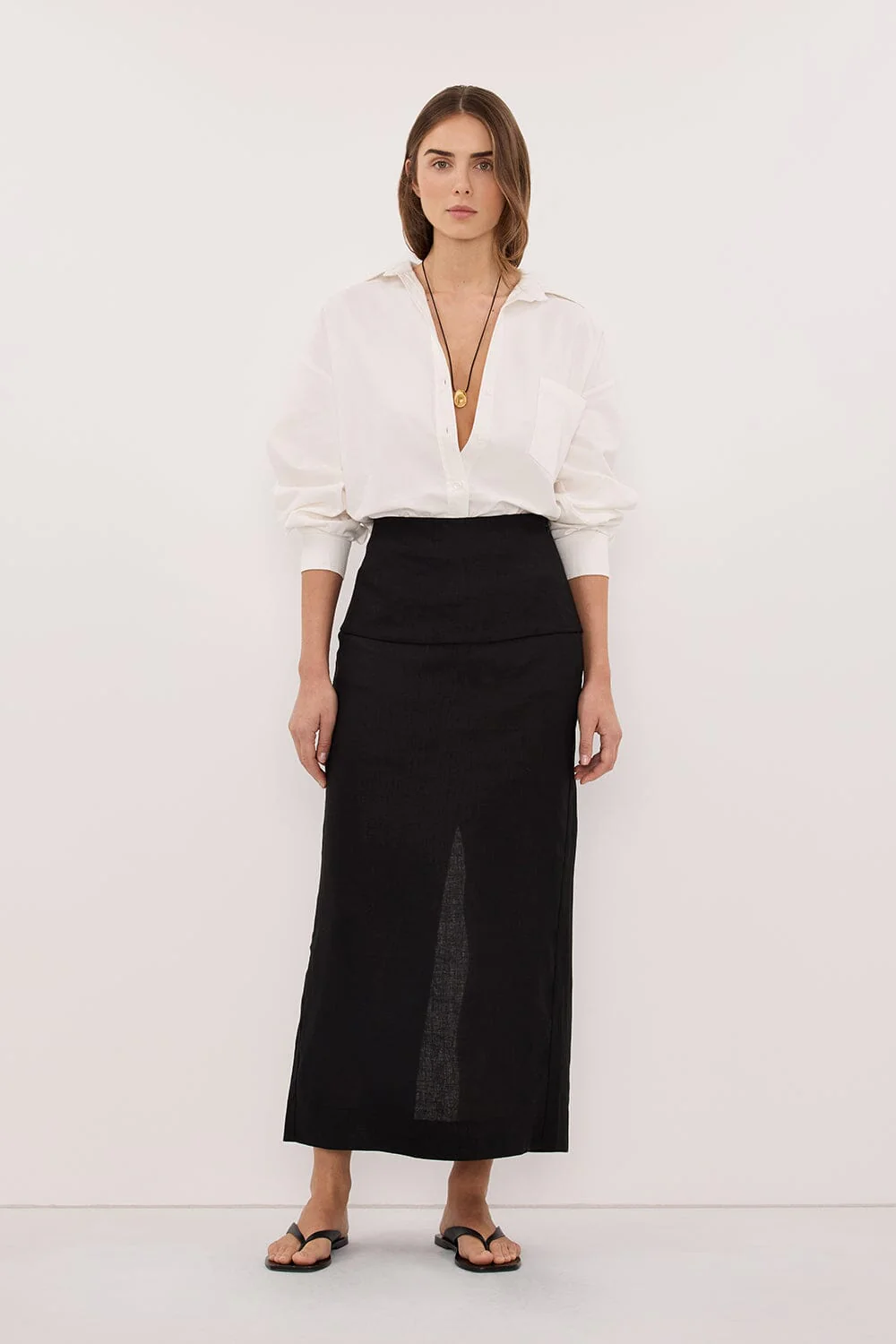 YARA BLACK LINEN FOLDOVER MIDI SKIRT