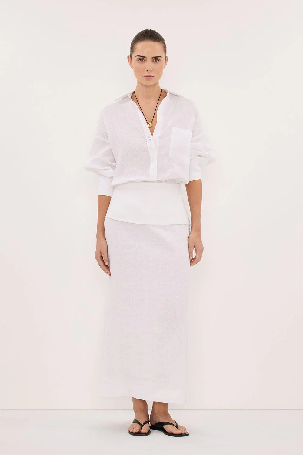 YARA WHITE LINEN FOLDOVER MIDI SKIRT